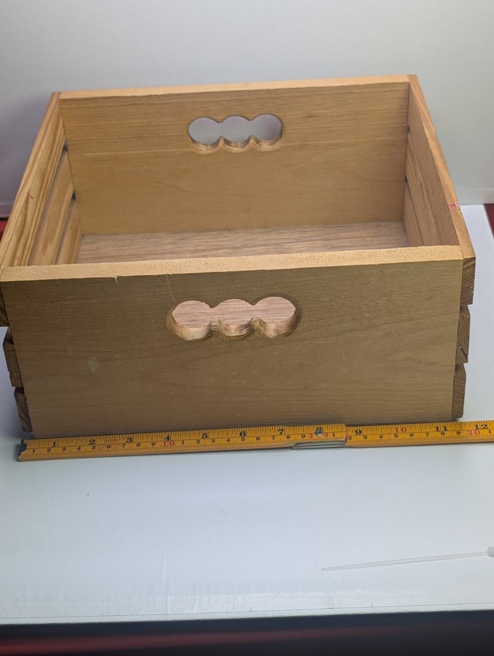 Rustic Wooden Storage Crate Box Slatted Sides Cutout Handles 12" x 11" x 5"